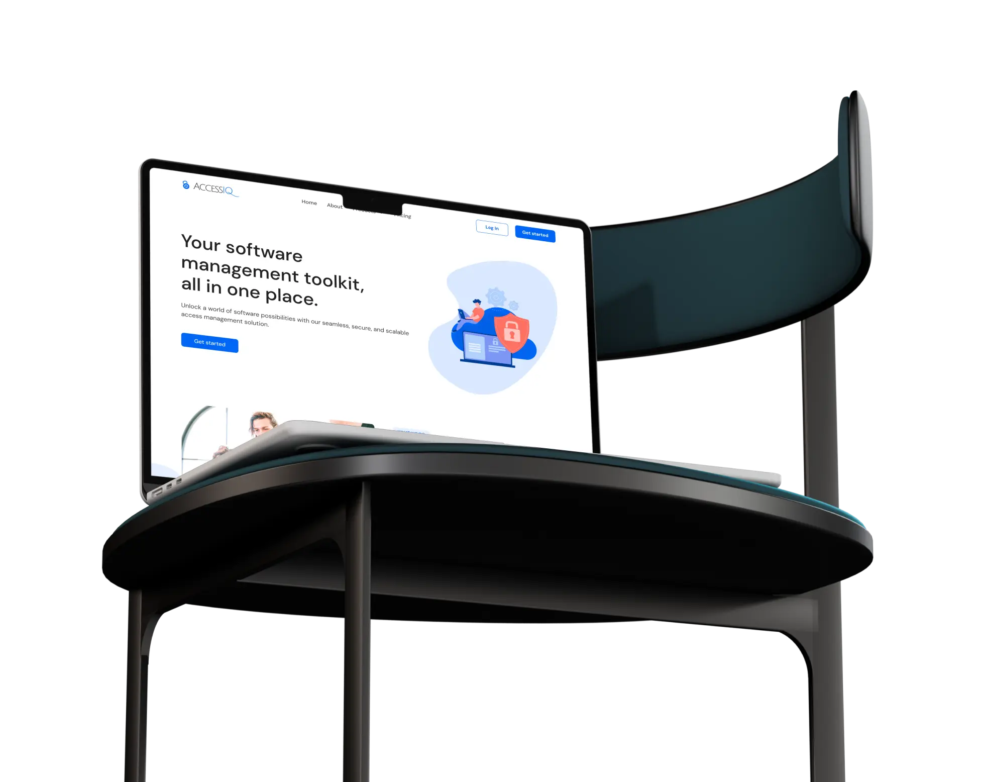 Desktop mockup of AccessIQ product displayed on a chair