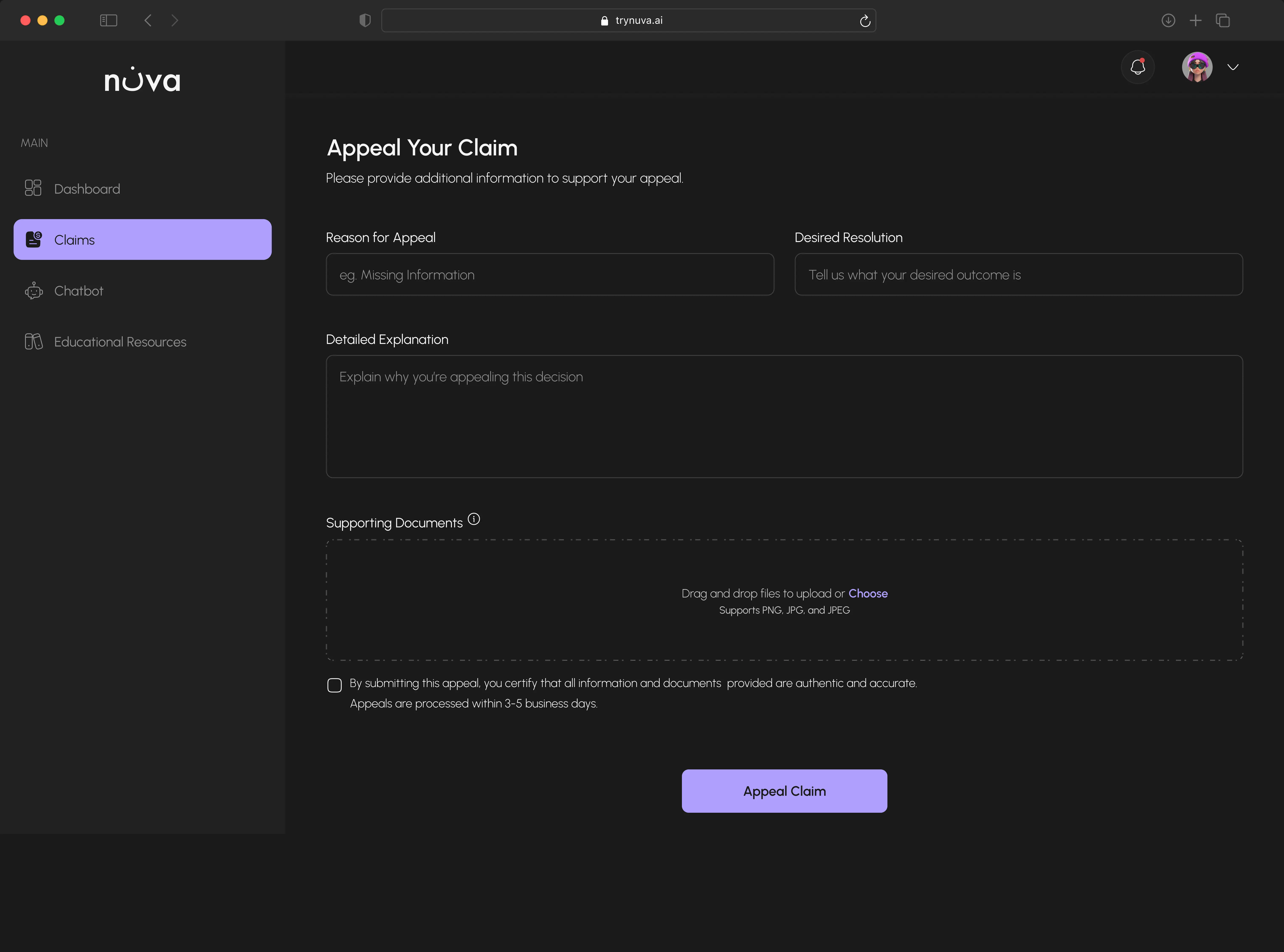 Screen displaying an appeal claim form with fields for entering information