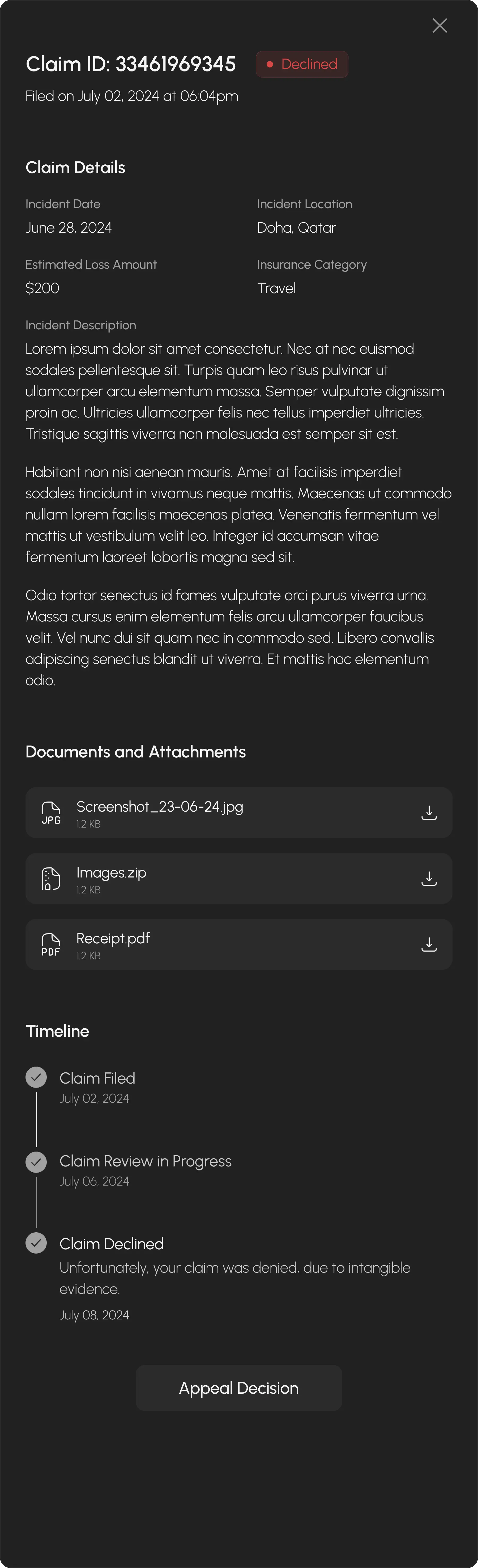 Image showing details of a failed claim