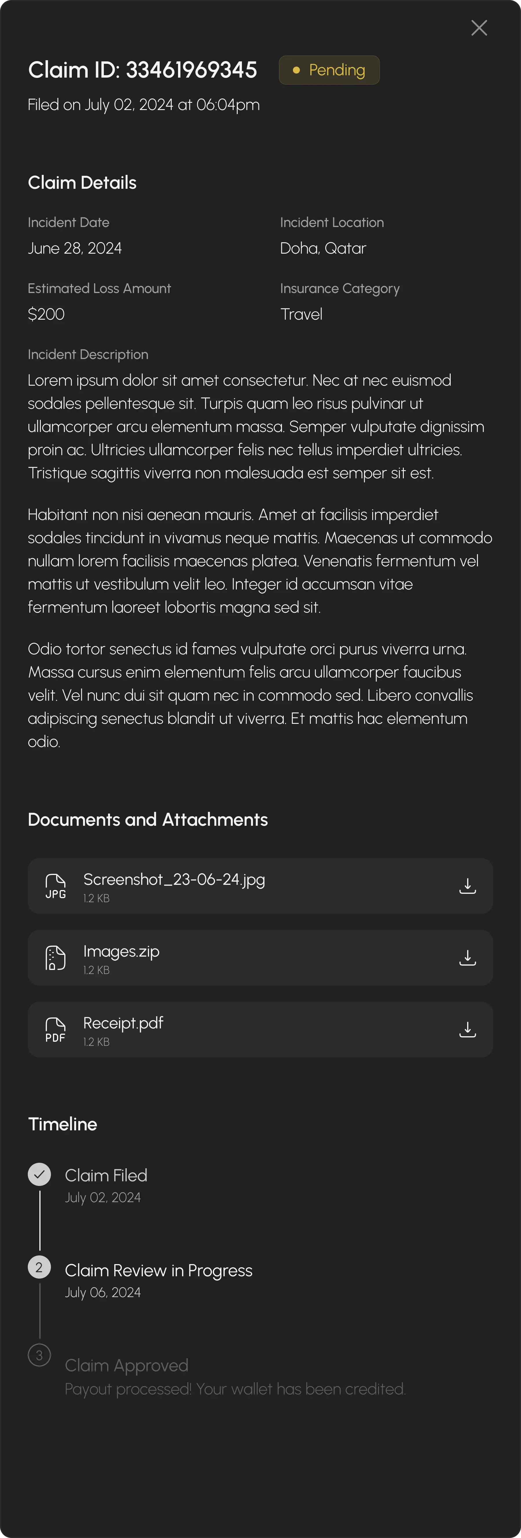 Image showing details of a pending claim