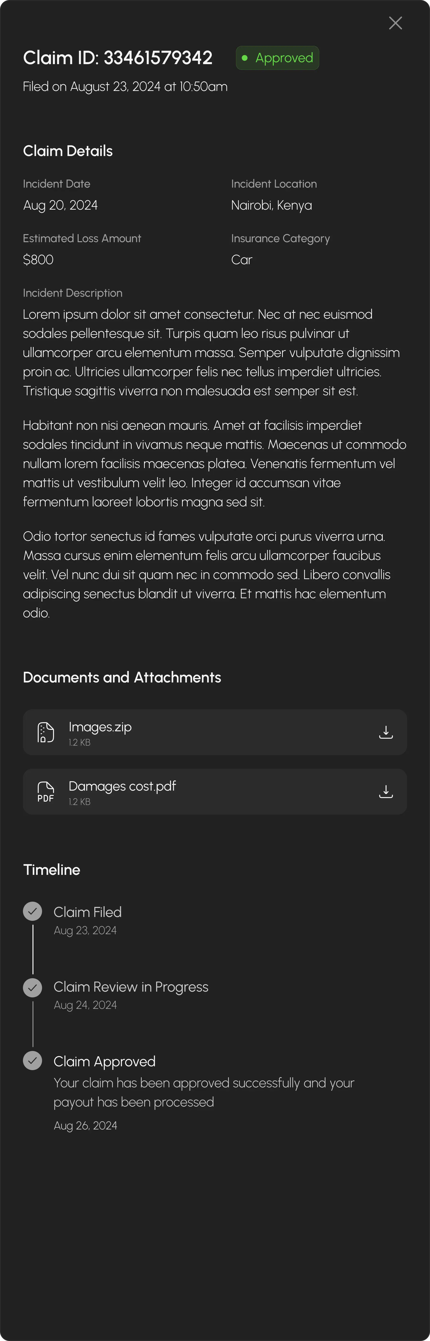 Image showing details of an approved claim