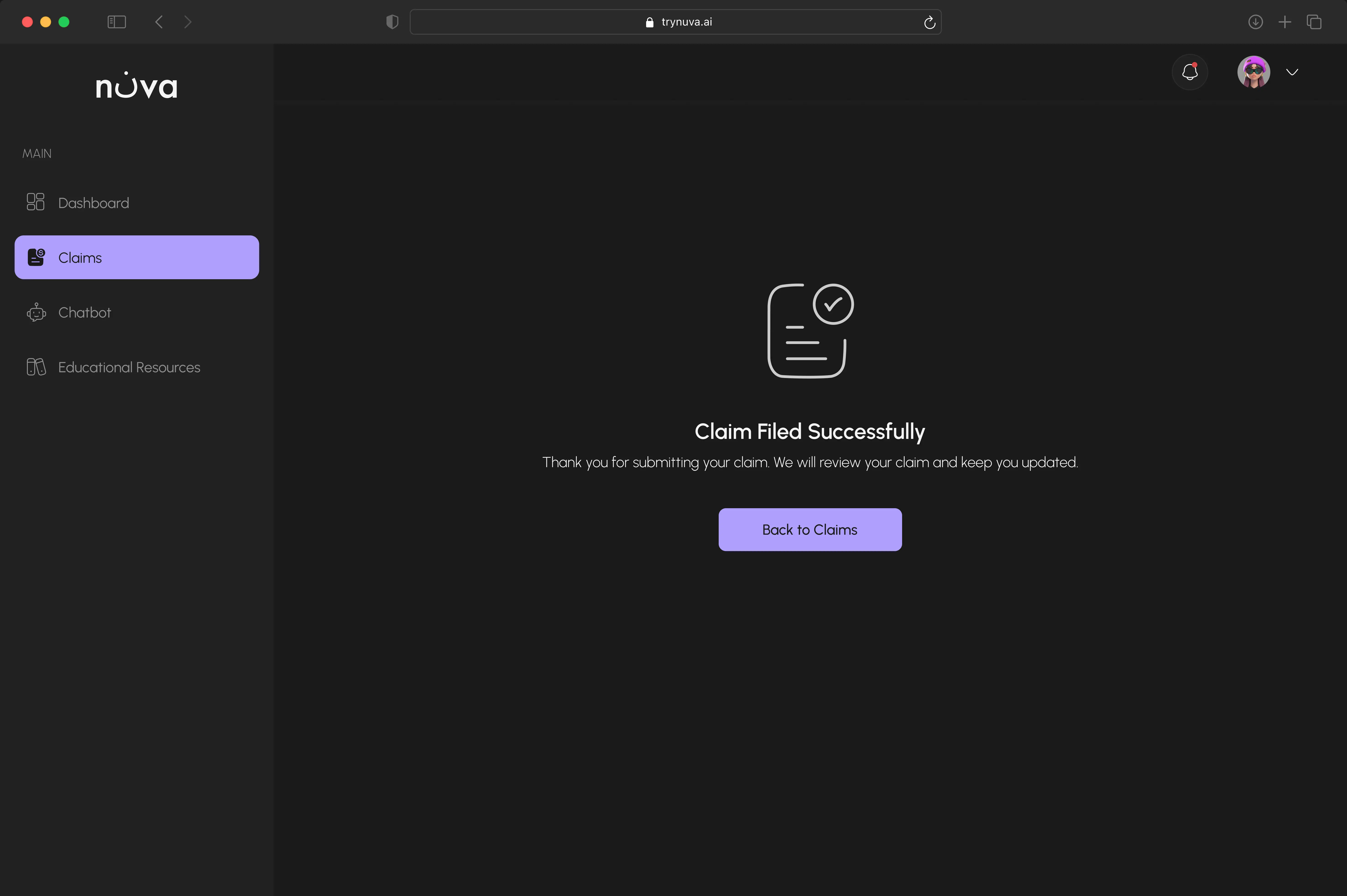 Screen displaying a confirmation message indicating successful claims submission.