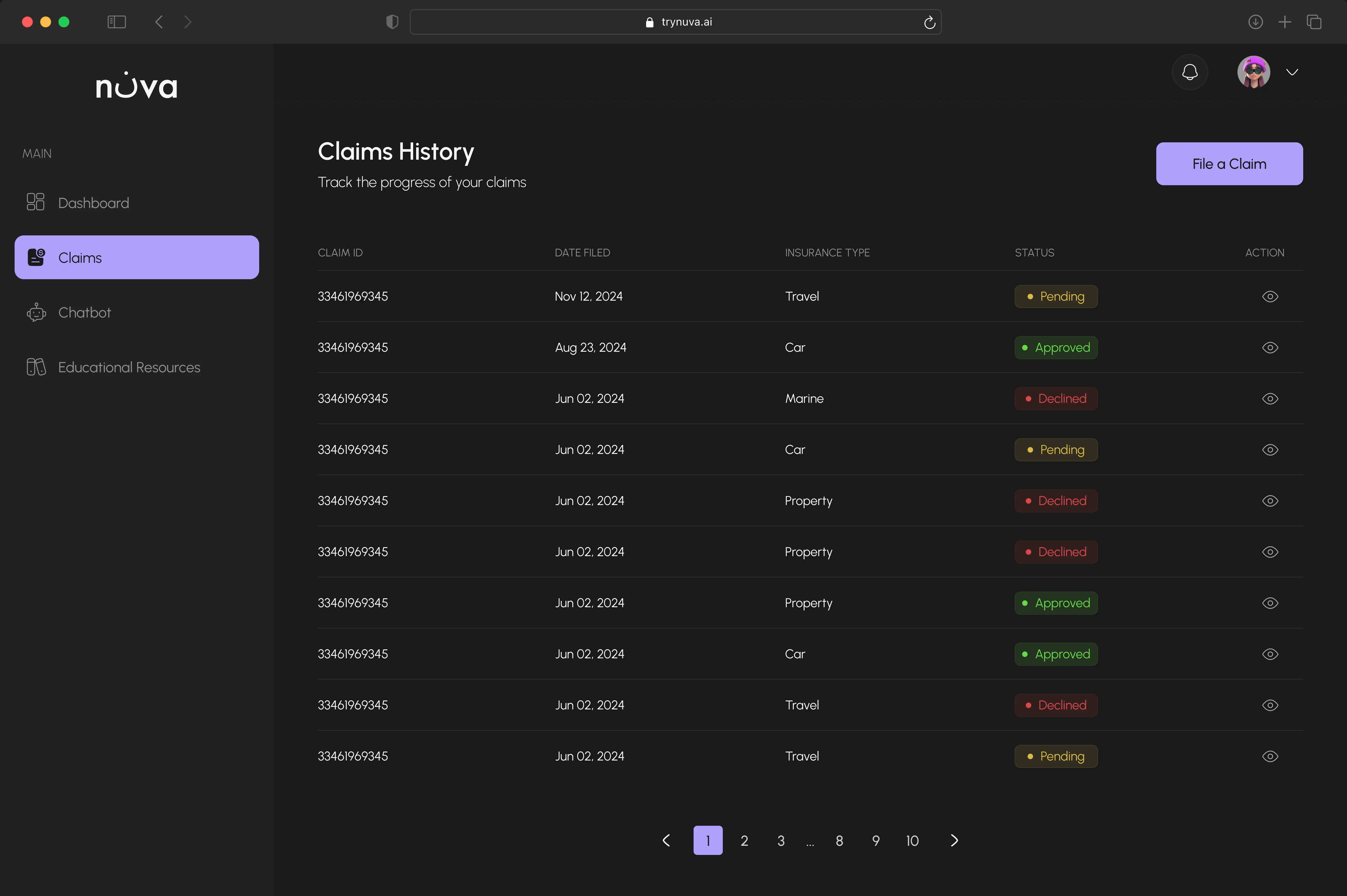 Screen displaying a table of filed claims