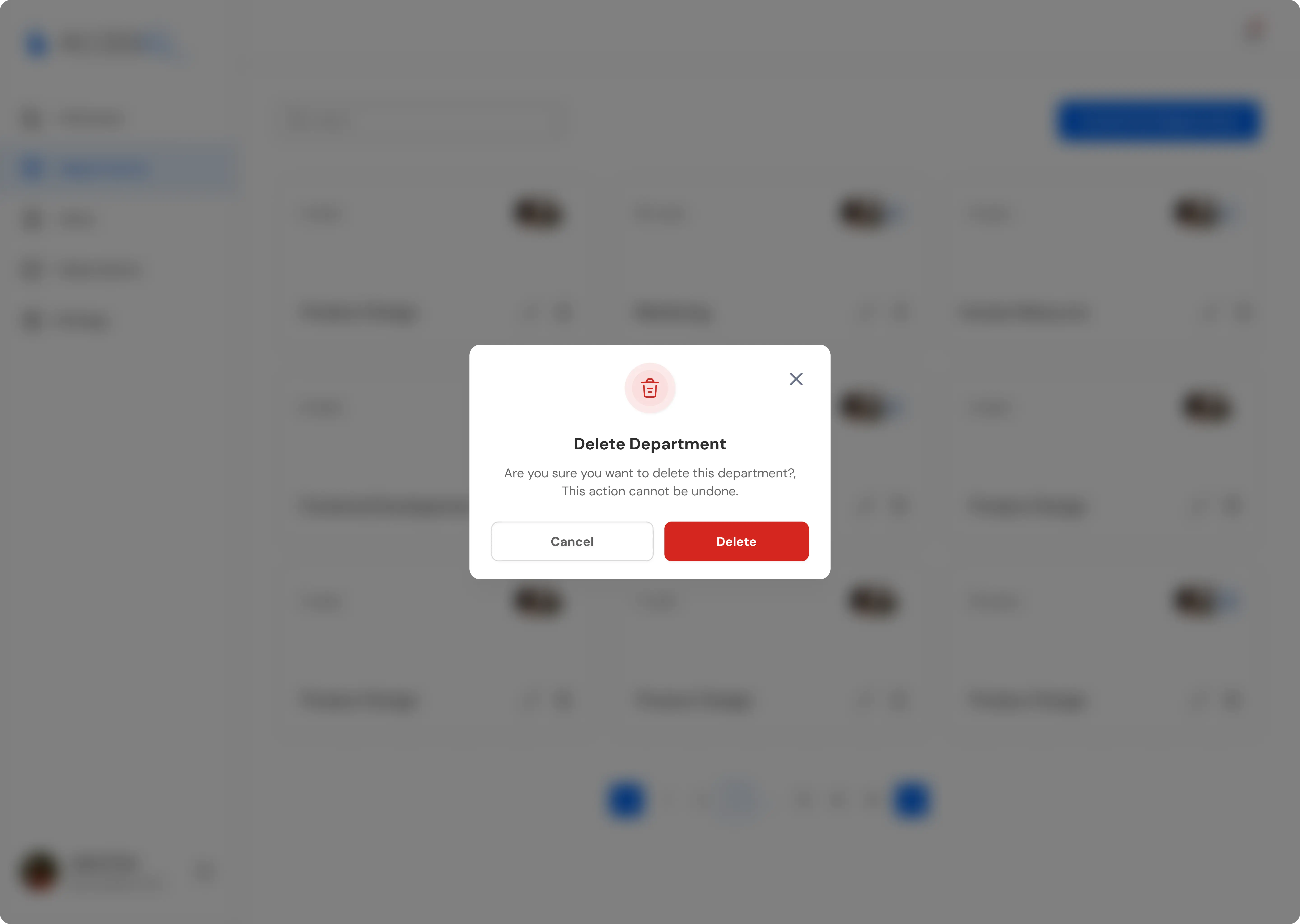 Modal showing department to be deleted