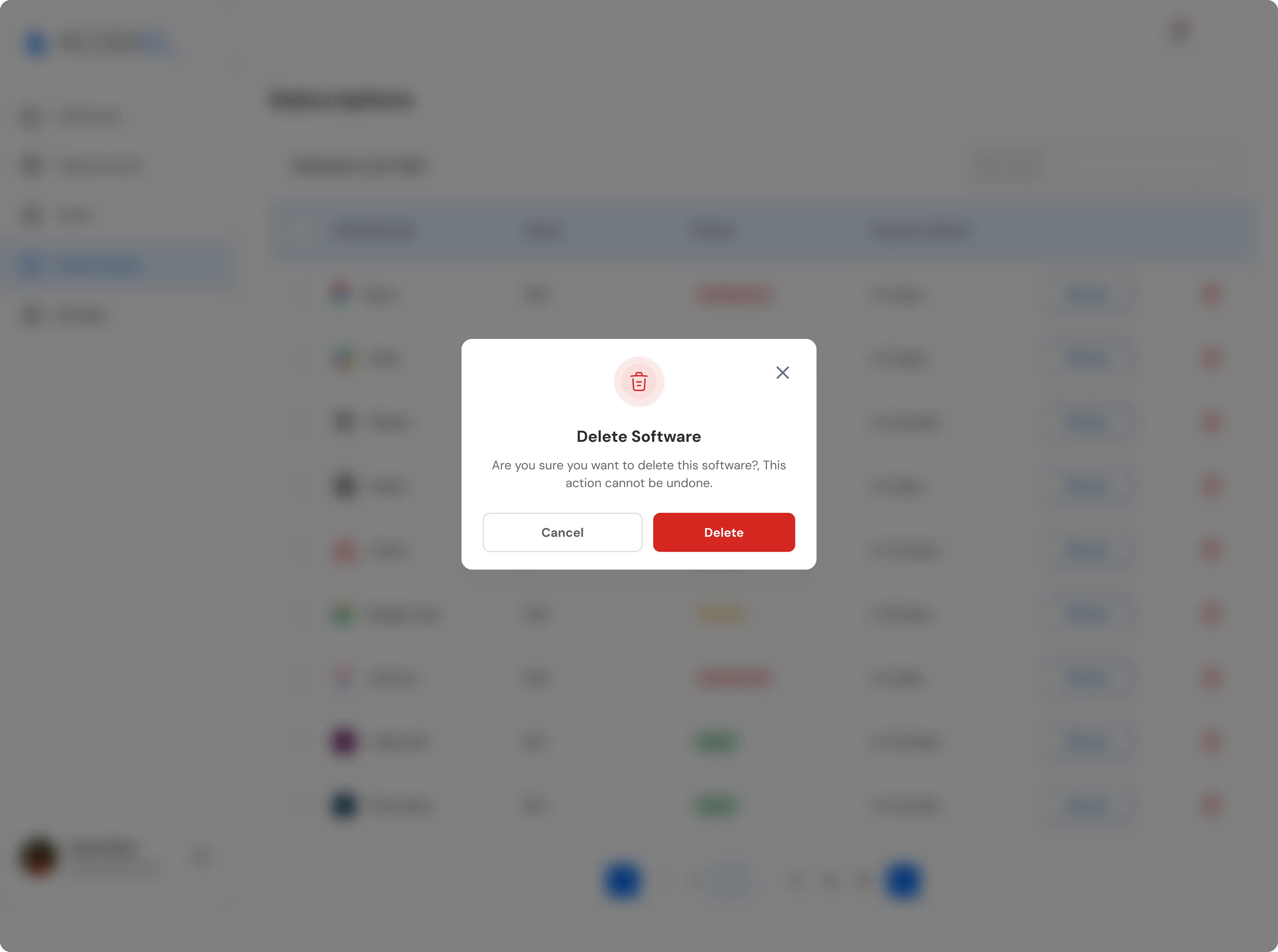 Modal showing software subscription to be deleted