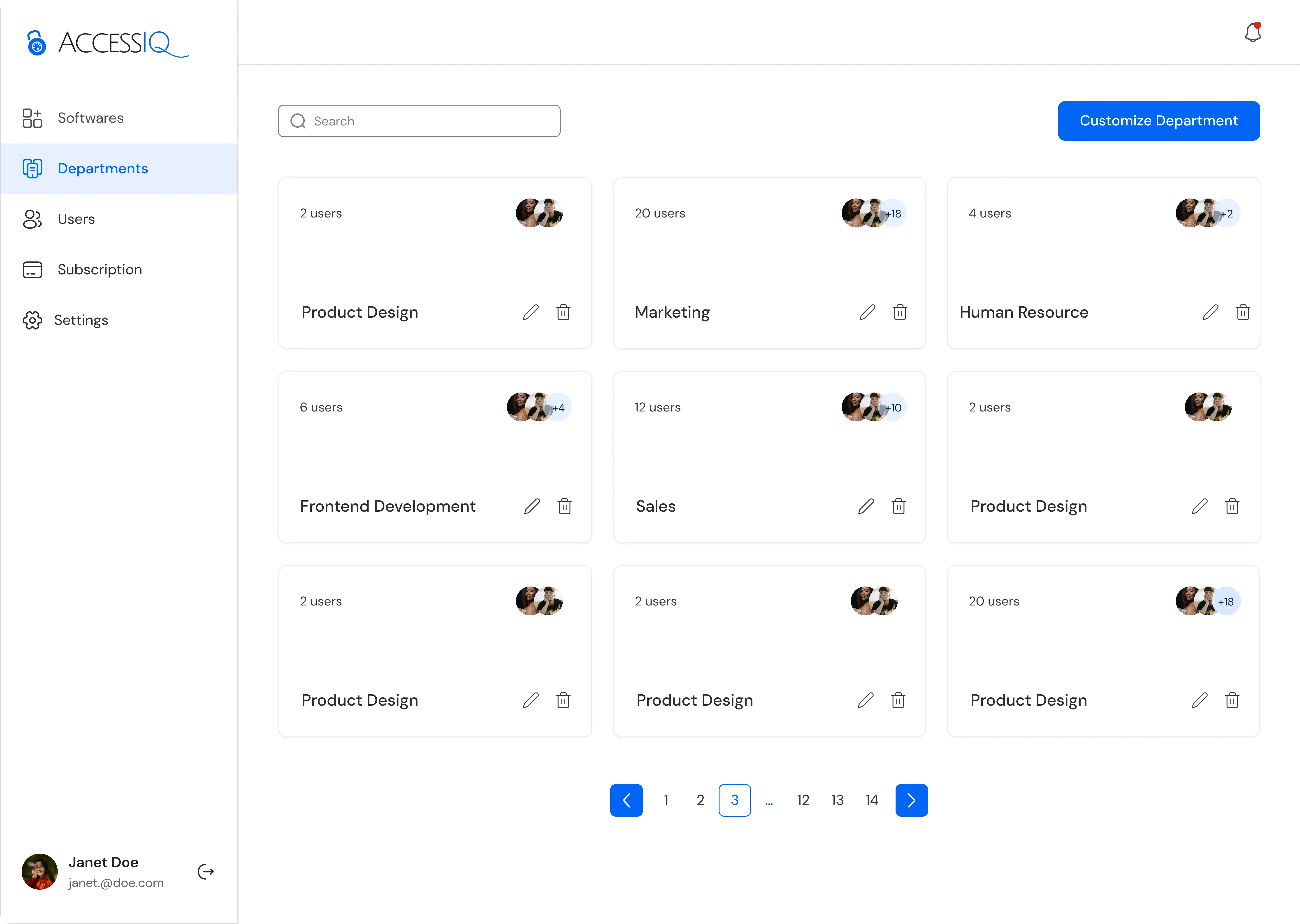 Departments page showing a list of departments in card format