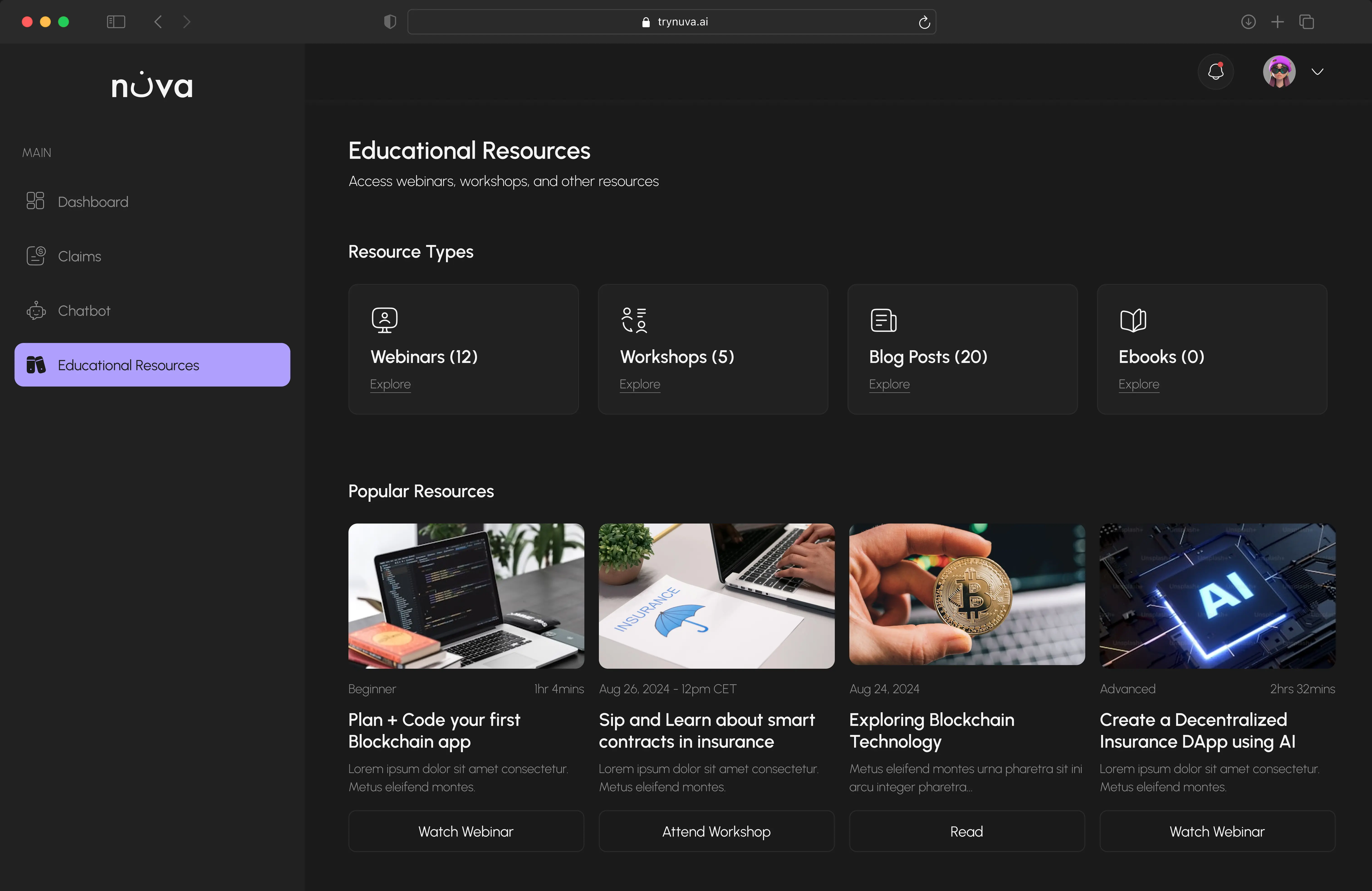Screen displaying a list of educational resources, including titles and brief descriptions.