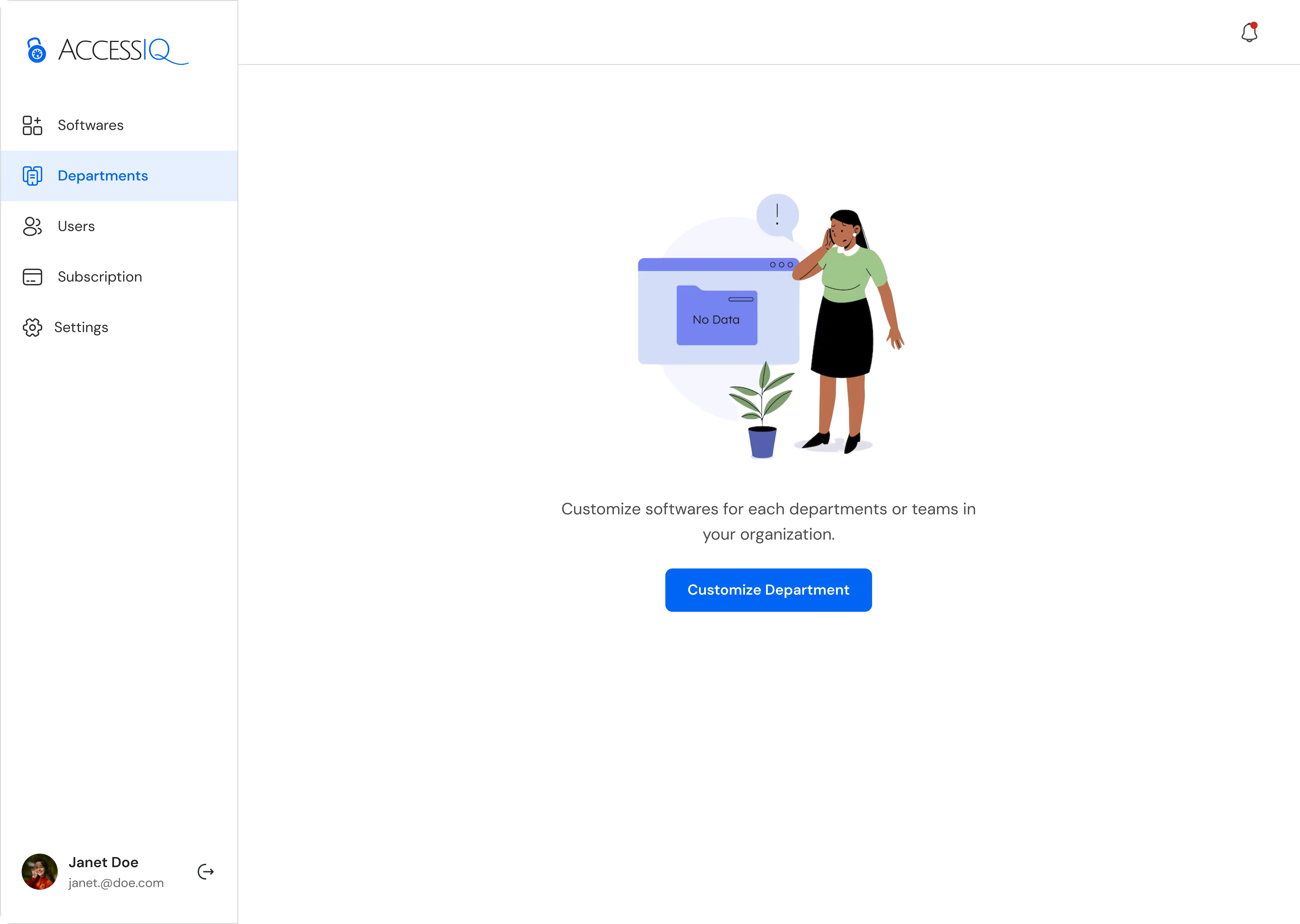 Empty department page with an svg illustration