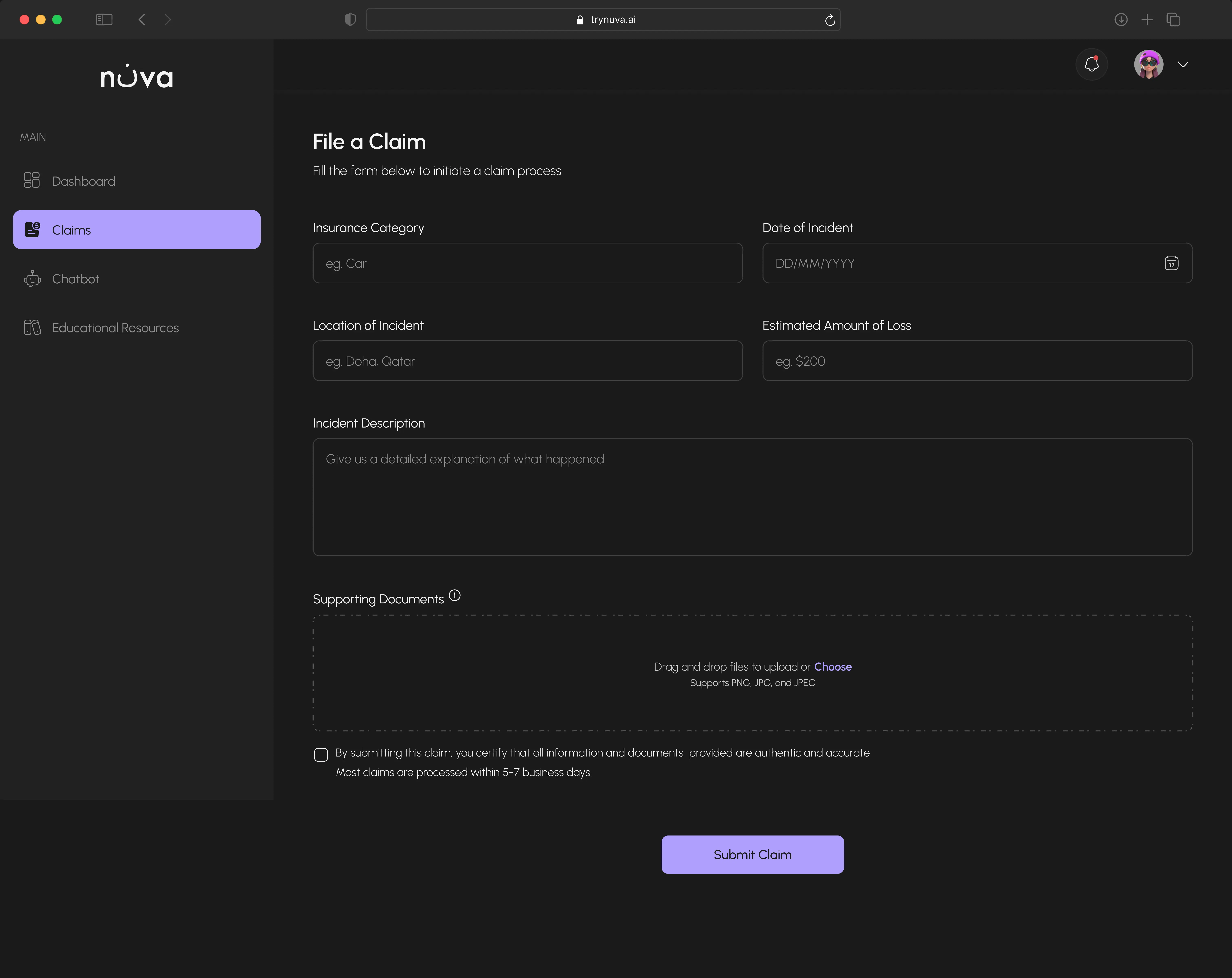 Screen displaying a claim filing form with fields for entering information