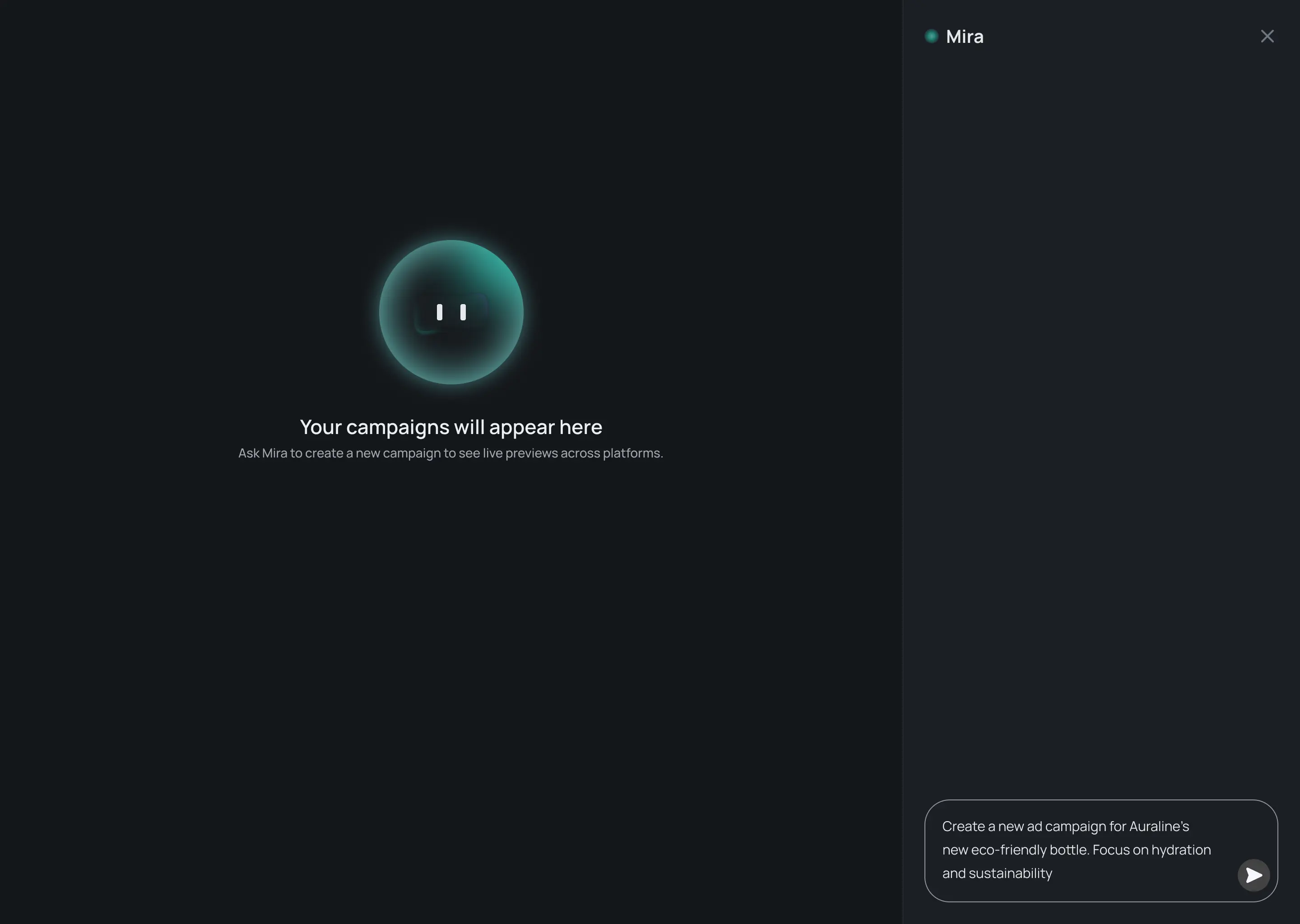 Campaign brief prompt in Mira's chat interface, asking for ad content and visuals for a new eco-friendly bottle.