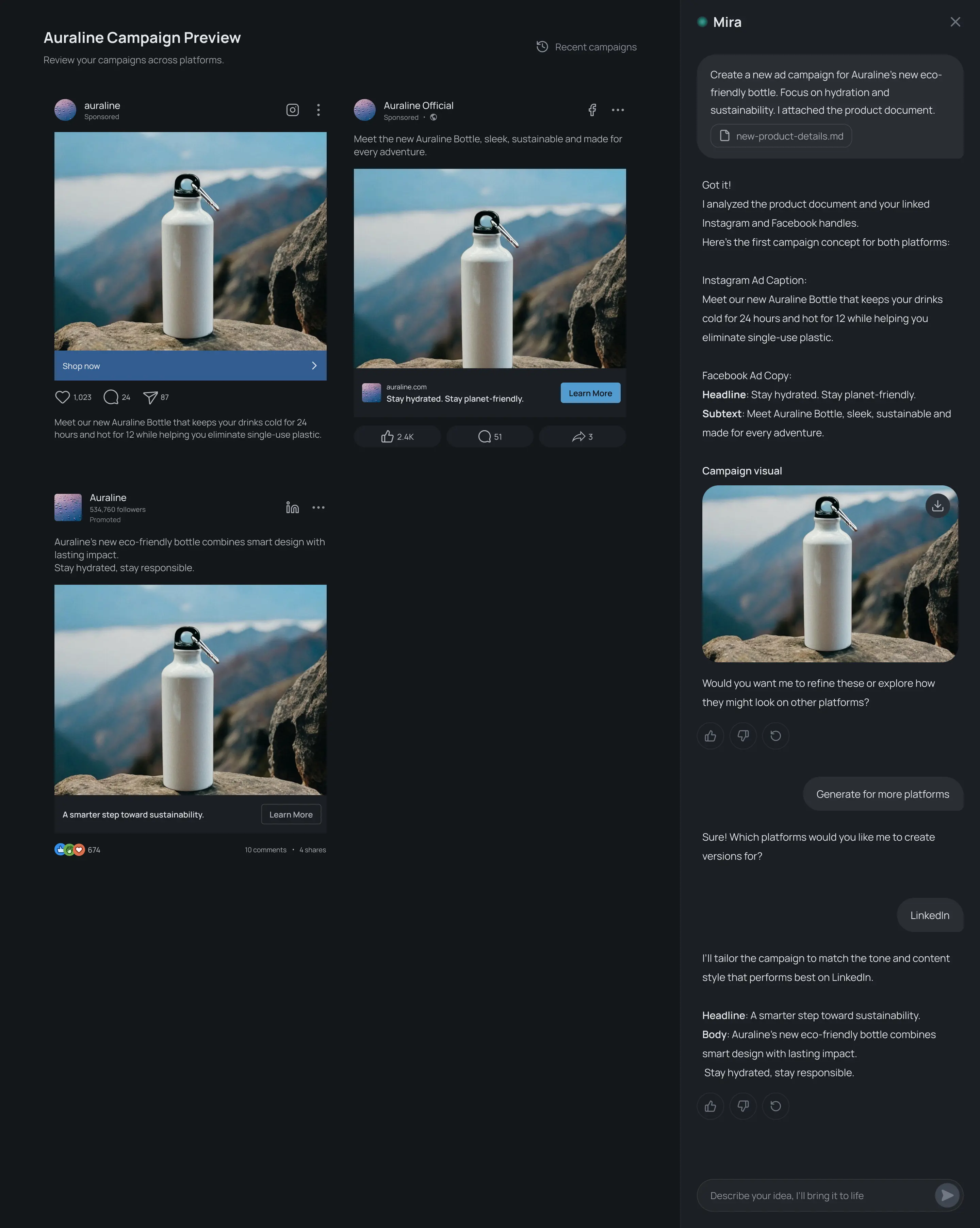 Completed preview panel displaying multiple social media ad mockups and campaign variations generated by Mira AI.