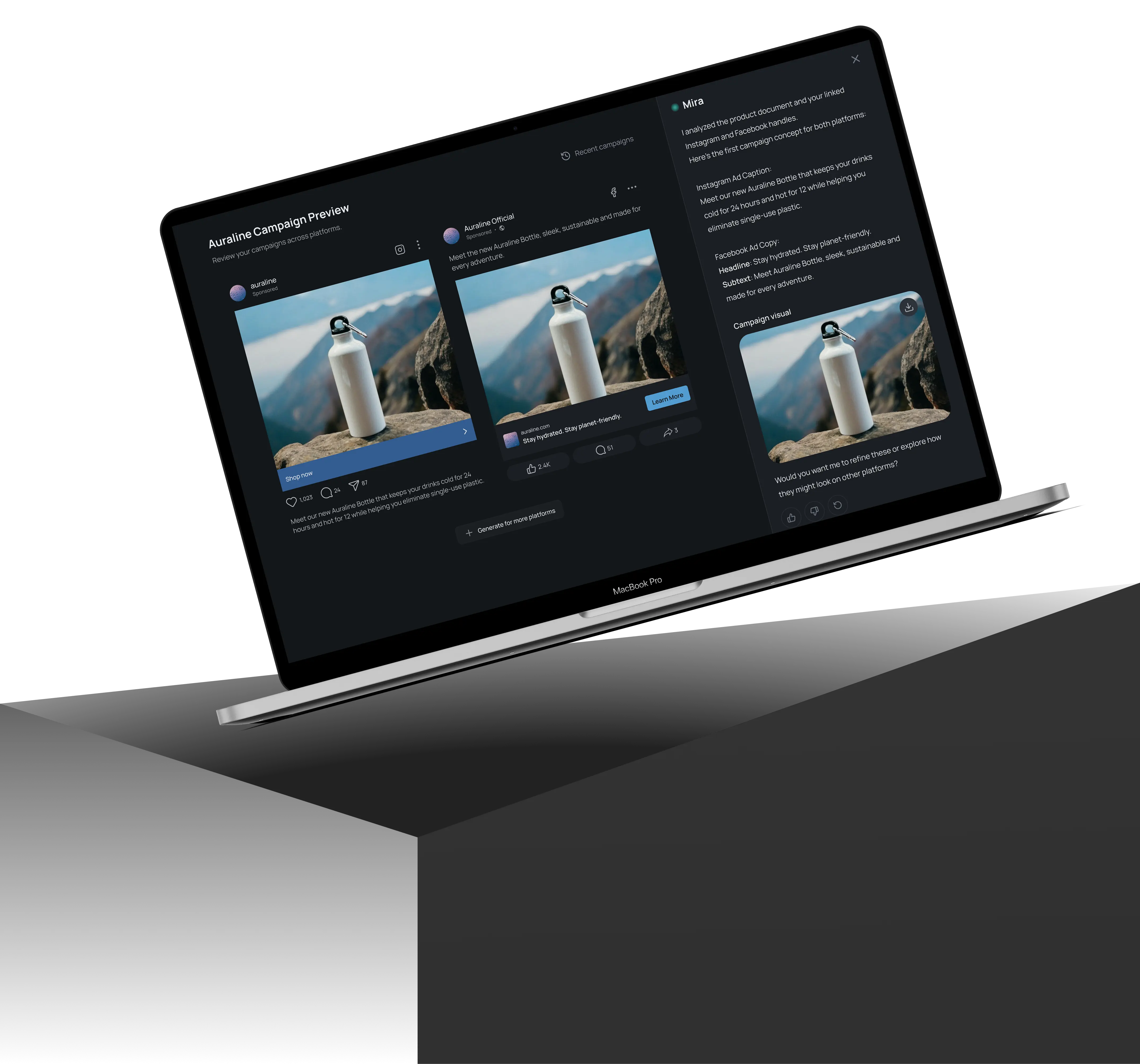 Desktop mockup of the product displayed on a table, featuring Mira's response state