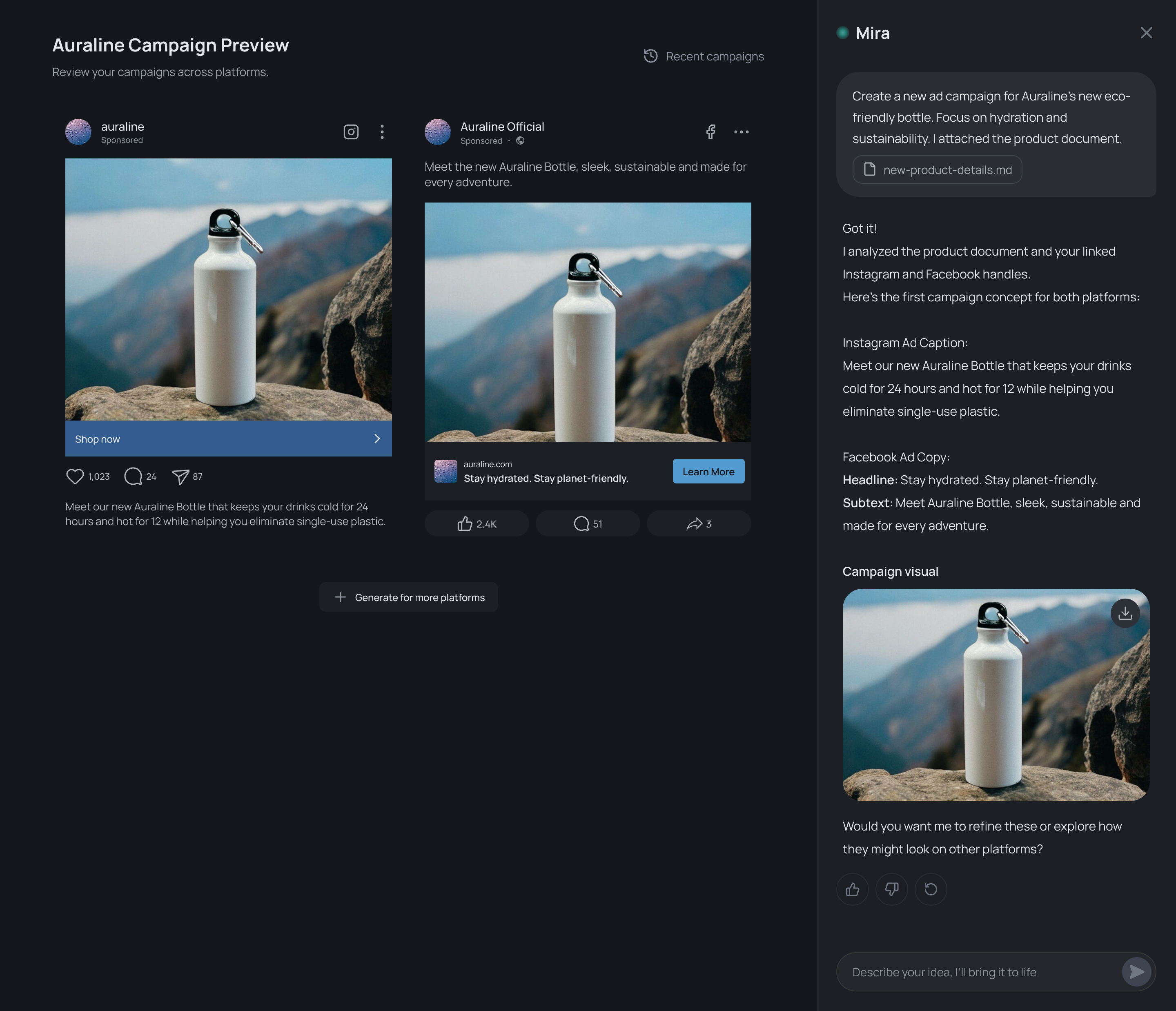 Mira's response presenting Instagram and Facebook ad previews side by side with headlines, captions, and product visuals