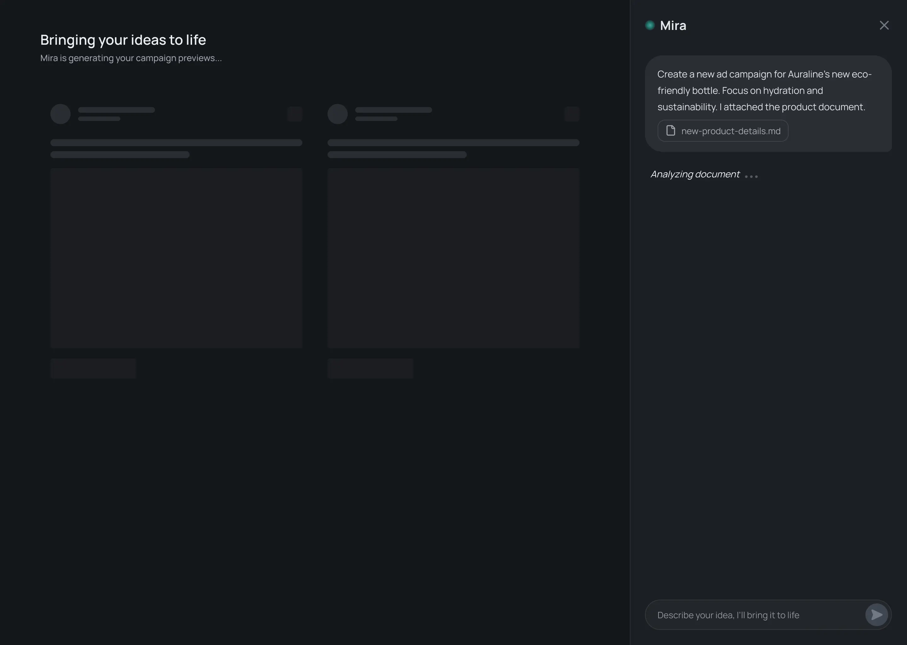 Mira's interface showing analyzing indicator and skeleton ad preview cards while generating campaign ideas