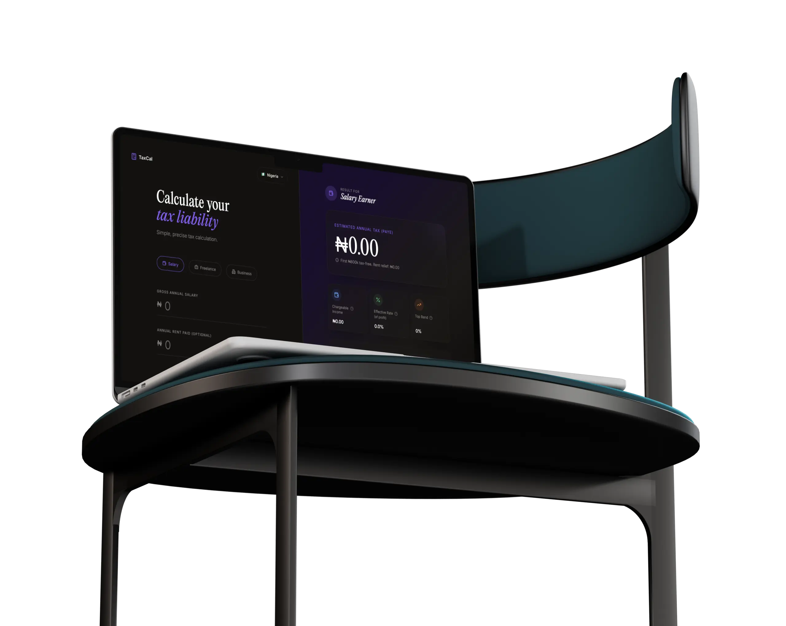 Desktop mockup of TaxCal product displayed on a chair