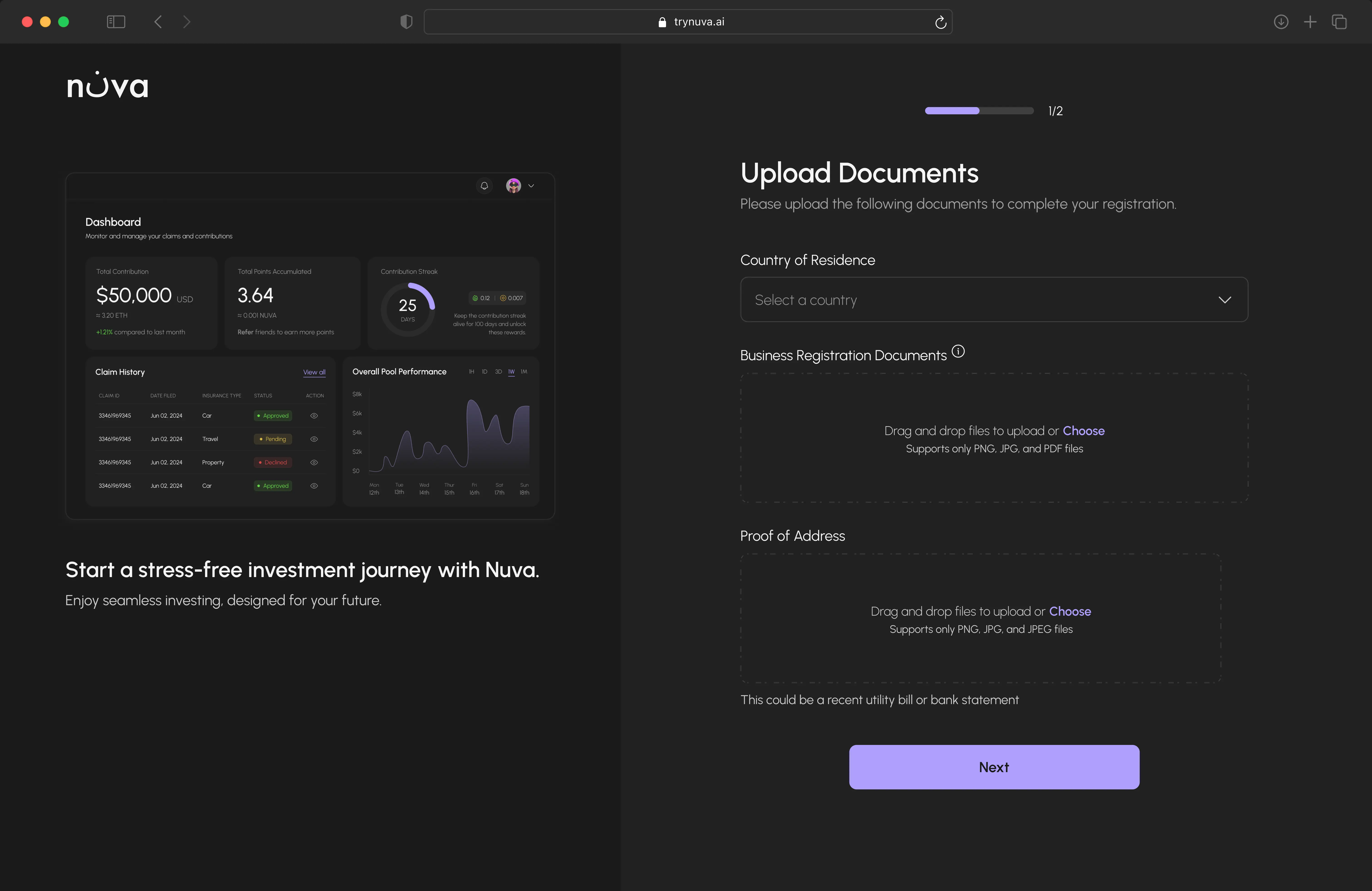 User sign-up page with a form to upload documents