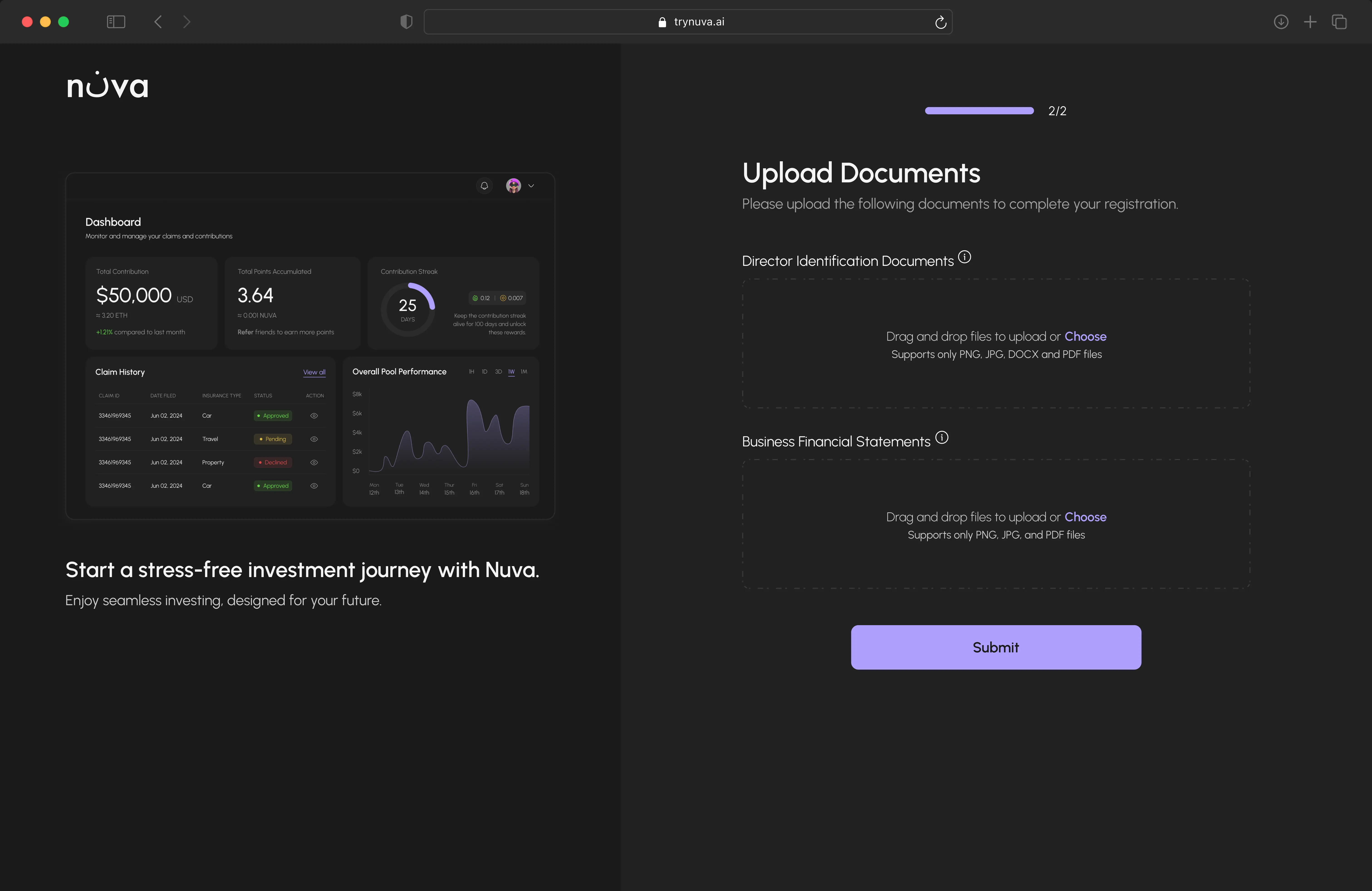 User sign-up page with a form to upload documents