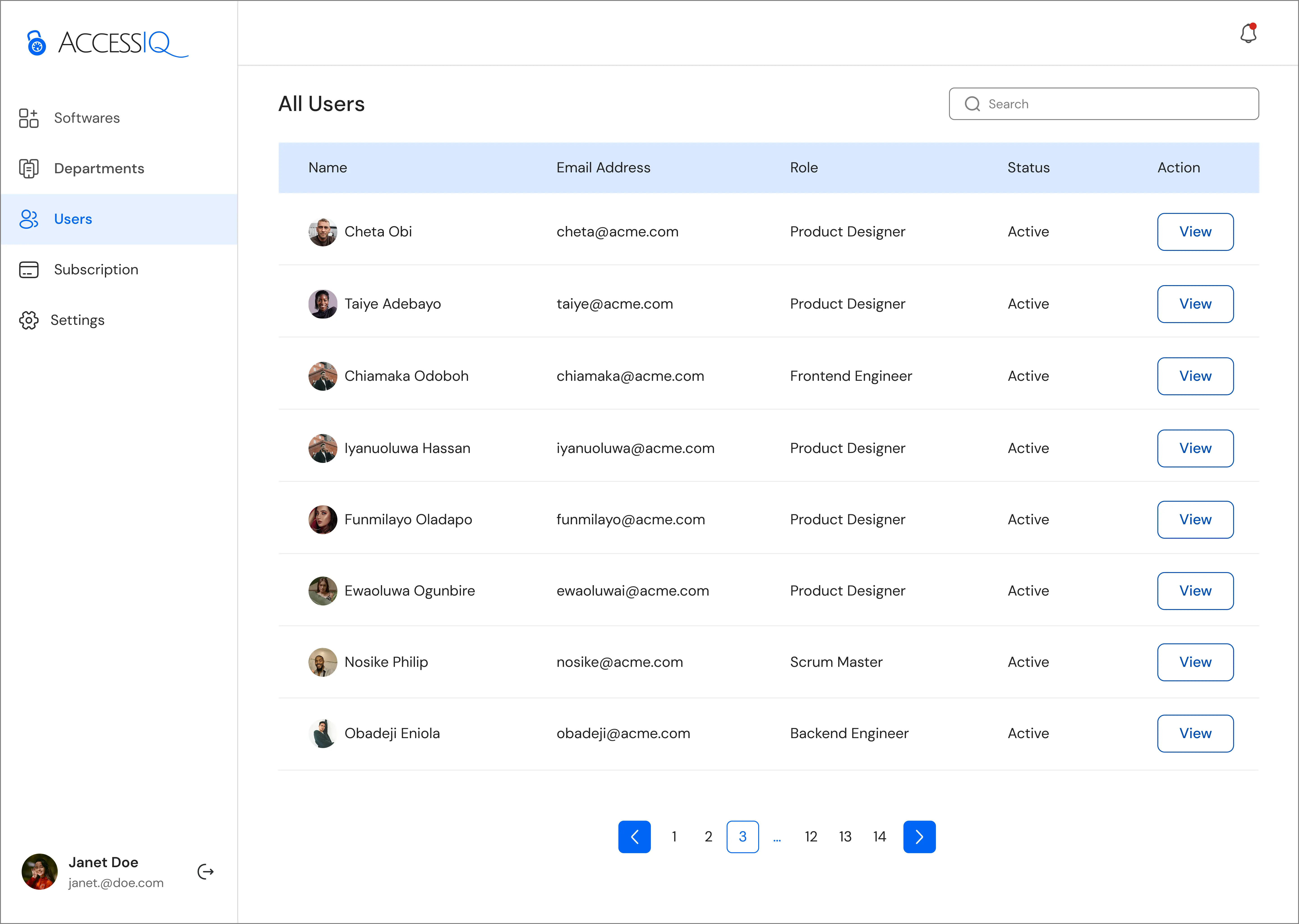 Users page showing a list of users and their information such as email address, role and status