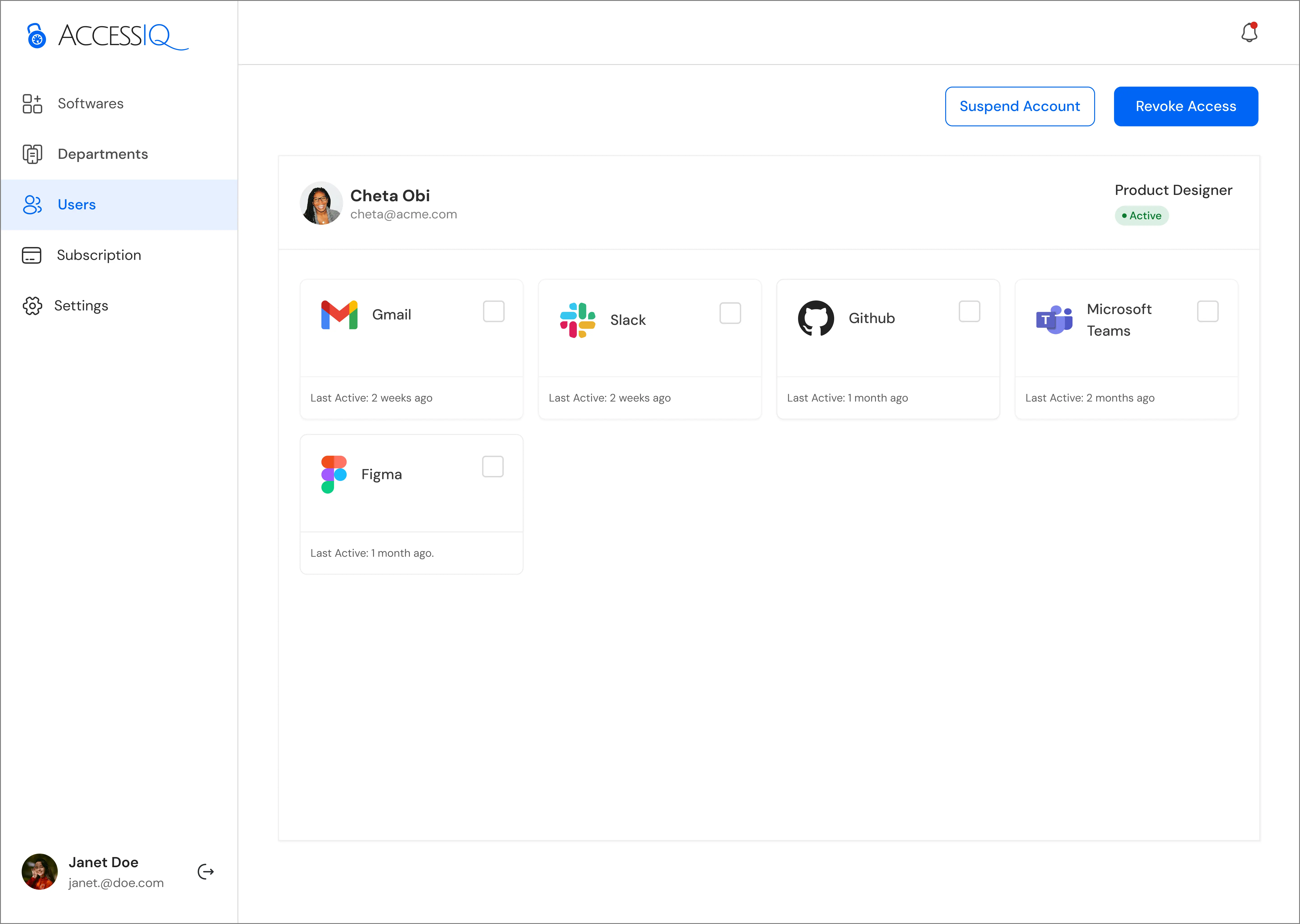 Page showing one users information including the software they have access to
